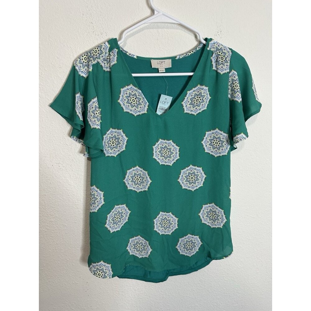 LOFT Outlet XXS Petite Green Medallion Print Flutter Sleeve Blouse Shirt